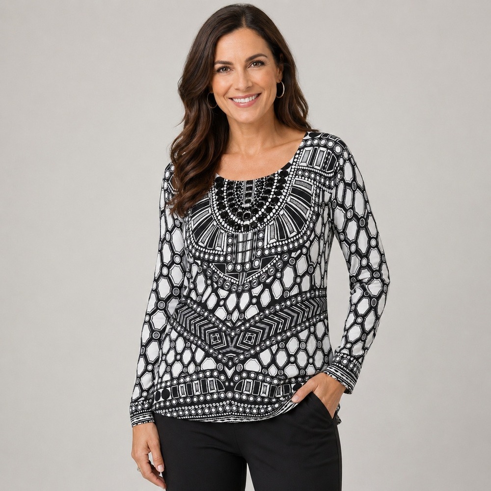 Chicos Black White Geometric Beaded Scoop Neck Knit Sweater Size 2 L Large